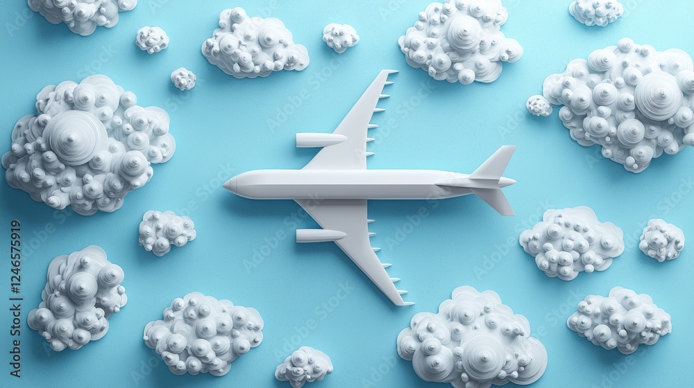 Wall mural minimalistic airplane icon above triangular clouds on blue background for modern design projects