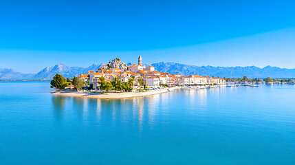 Naklejka premium Croatian island town, tranquil morning, lake reflections, aerial view, travel destination