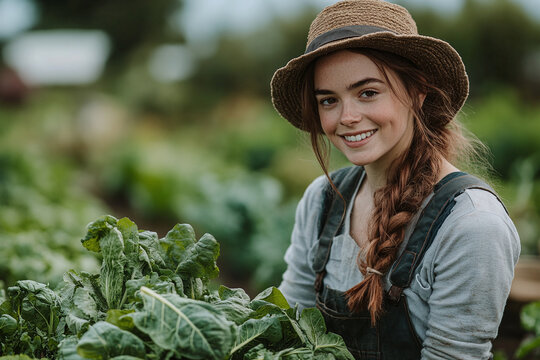 Happy female farmer harvesting fresh organic vegetable and greenery in local farm at countryside. Natural and eco food concept banner with copy space