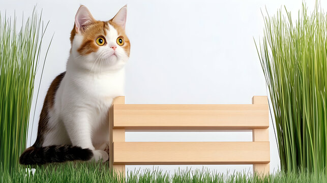 Cute British Shorthair cat sitting in grass near wooden crate.  Possible use pet adoption poster