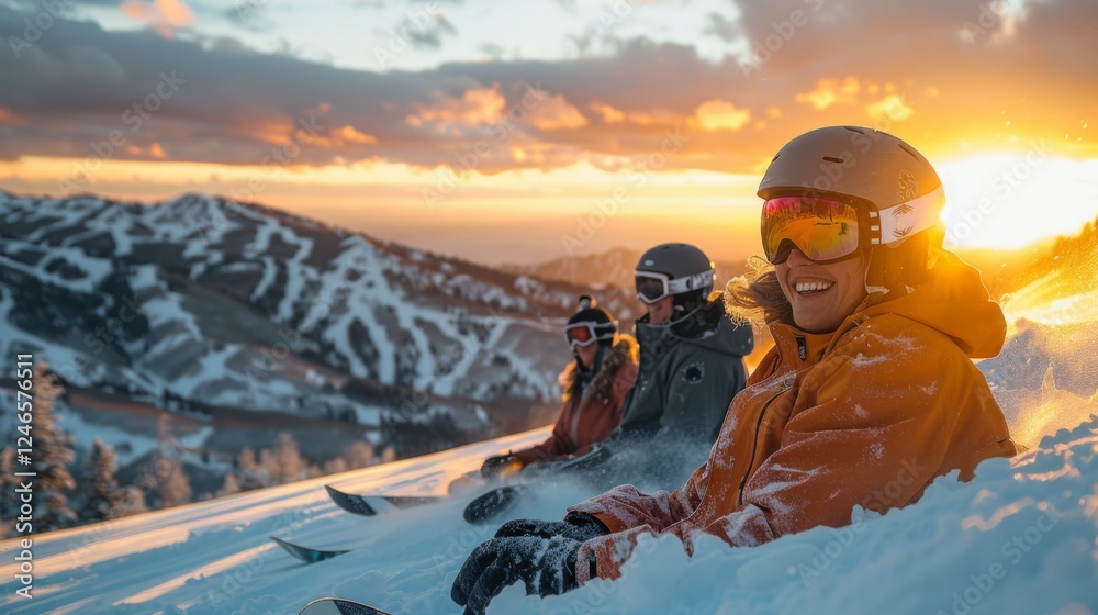 Poster group of skiers relaxes on a snowy slope, sharing laughter as the sun sets behind distant peaks, cre