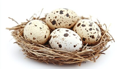 Obraz premium Three eggs in real bird nest isolated on white