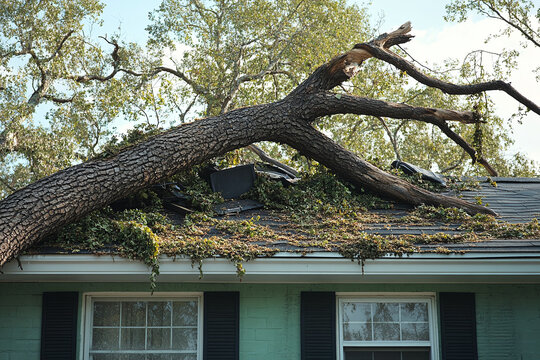 Natural disasters effect on property. A tree falls on a family home in a suburban neighborhood, home insurance