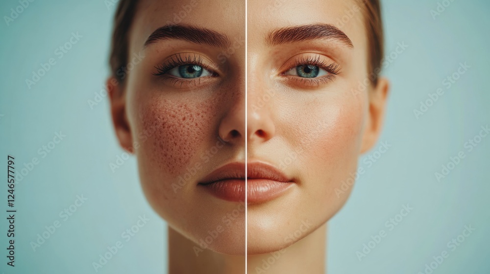 Fototapete Split face comparison showcases acne on one side and smooth glowing skin on the other with space for text integration. Generative AI