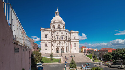 Main facade of National Pantheon aerial timelapse hyperlapse. Portugal.