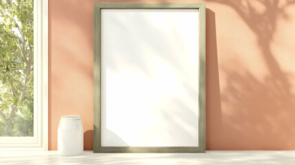 Empty frame on beige wall, natural light, modern interior design, for display mockup