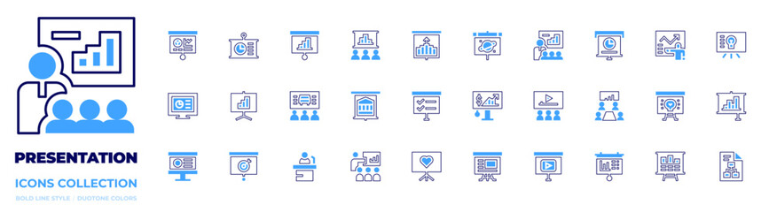 Presentation icon collection. Bold line style. Duotone colors. meeting, presentation, learn, target, class, banking, speech
