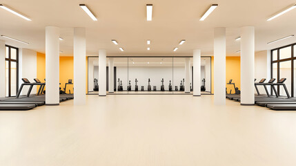 Empty modern gym interior with treadmills and mirrored wall.  Possible use in fitness advertising or design portfolio