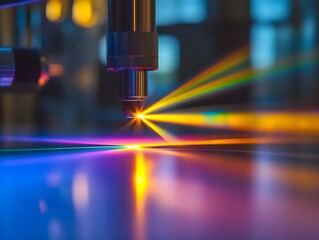 Captivating laser beam refractions creating a vibrant spectrum of colorful light, shimmering and glowing with dynamic energy and a futuristic, scientific aesthetic.