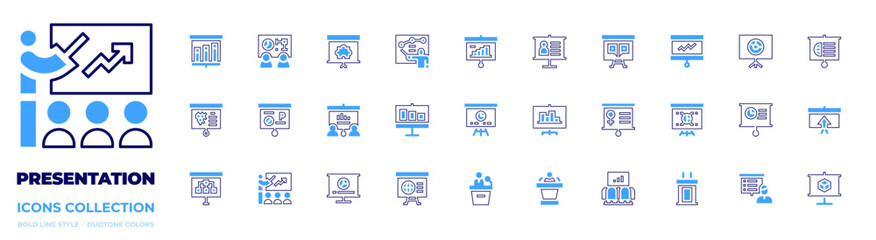 Presentation icon collection. Bold line style. Duotone colors. presentation, conference, training, meetingroom, drivinglessons, whiteboard, screen