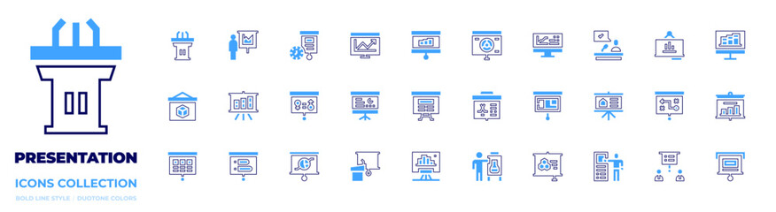 Presentation icon collection. Bold line style. Duotone colors. presentation, sciencefair, theory, exploring, conference, strategy, statistics, plan, seo, teaching