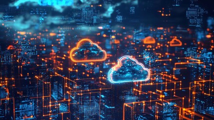Obraz premium Cyberpunk City with Holographic Cloud Data Streams