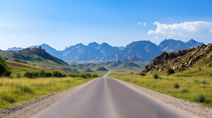 Naklejka premium Empty road through mountains under a clear sky. Possible use Travel brochure, nature background, poster
