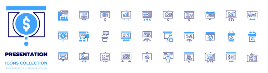 Presentation icon collection. Bold line style. Duotone colors. training, presentation, meeting, strategy, conference, economy, piechart, whiteboard