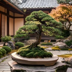 Carefully manicured and meticulously pruned miniature Japanese bonsai tree placed in an ornate garden composition with moss, rocks, and natural elements.