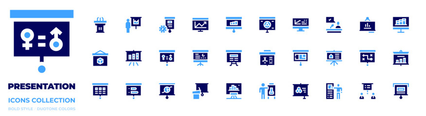 Presentation icon collection. Bold style. Duotone colors. presentation, lectern, freedomofspeech, barchart, statistics, graphic, strategy, business, teaching