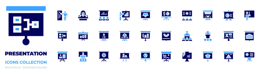 Presentation icon collection. Bold style. Duotone colors. presentation, marketanalysis, cloud, water, graphic, lecture, speech, conference, planning, chart