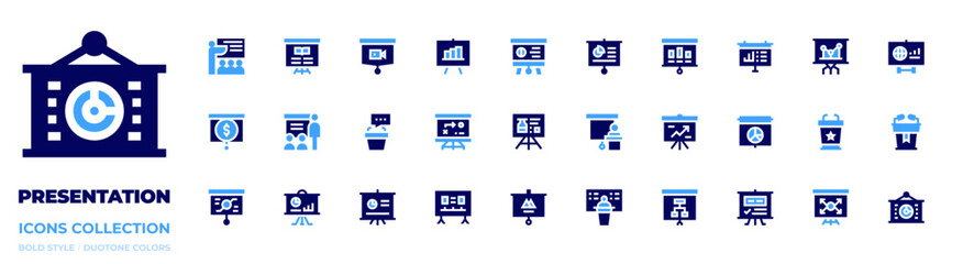 Obraz premium Presentation icon collection. Bold style. Duotone colors. training, presentation, statistics, teaching, strategy, conference, reading, economy, graph, videoplayer