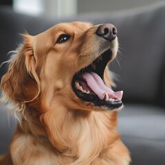 Cheerful Golden Retriever Dog Showing Friendly Smile in Portrait. Adorable, Domestic Canine Pet Displaying Positive Emotion and Happiness in Closeup Studio or Indoor Shot.