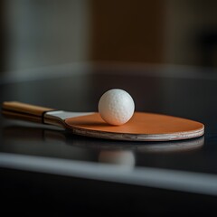 Close up view of a ping pong paddle and ball resting on a table, representing the concept of indoor sports competition, leisure activity, and recreational entertainment.