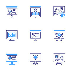 Presentation icon set. Bold line style. Duotone colors. Editable stroke. presentation, finance, projection