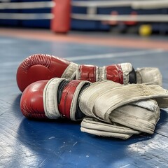 Close up view of red boxing gloves resting on a blue training mat in a martial arts gym. The equipment is ready for an intense boxing training session or competition.