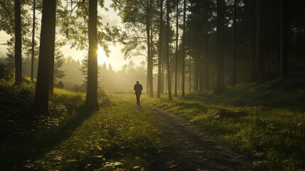 Man hiking forest path sunrise, misty background, nature peace