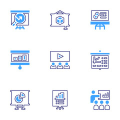Presentation icon set. Bold line style. Duotone colors. Editable stroke. presentation, performance, search, teamreview