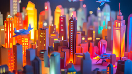 city diorama made of paper, with neon-style lighting and flying paper vehicles 