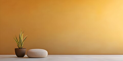 A serene interior scene featuring a potted plant and a smooth stone against a warm yellow wall, creating a calming atmosphere.
