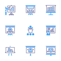 Presentation icon set. Bold line style. Duotone colors. Editable stroke. whiteboard, cloud, lecture, presentation, graphic, market, genome
