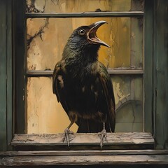Close-up of a black bird, possibly a raven or crow, perched on an old, weathered wooden windowsill with a vintage glass pane. The bird is set against a dark, textured background.