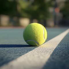 Close-up of a bright yellow tennis ball resting on the green hard court surface of a tennis court, ready for a competitive game of tennis with rackets and sports equipment.