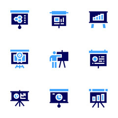Presentation icon set. Bold style. Duotone colors. presentation, analytics, recognition, screen, board, increase