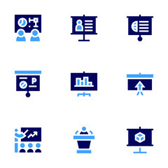 Presentation icon set. Bold style. Duotone colors. presentation, conference, training, drivinglessons, screen