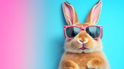 Fototapeta premium Stylish Brown Bunny in Pink Sunglasses Strikes a Pose Against a Vibrant Blue and Pink Background