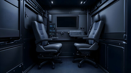 Naklejka premium Futuristic mobile command center interior, dark, sleek. Possible use for stock