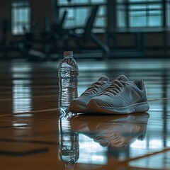Closeup of a pair of sneakers with a water bottle standing next to them, reflected on a wet wooden floor surface in an indoor setting.