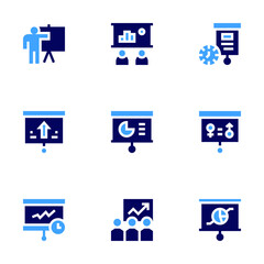 Presentation icon set. Bold style. Duotone colors. training, presentation, profit, business, seo, teaching