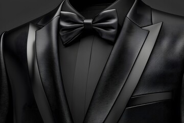 Midnight Elegance: A sophisticated close-up reveals the rich texture and impeccable tailoring of a black tuxedo, complete with a flawlessly knotted bow tie.