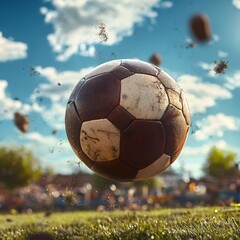 Closeup of a worn and weathered soccer ball resting on a lush green outdoor playing field against a backdrop of a cloudy blue sky. Concept of an active sports game, competitive team sport.