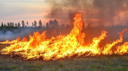Fiery Wildfire Engulfing Grassland at Sunset
