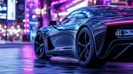 Obraz premium Sleek black sports car parked on city street at night.