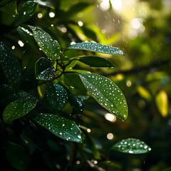 Closeup of lush green foliage with water droplets glistening on the leaves after a rain shower in a tranquil natural environment.