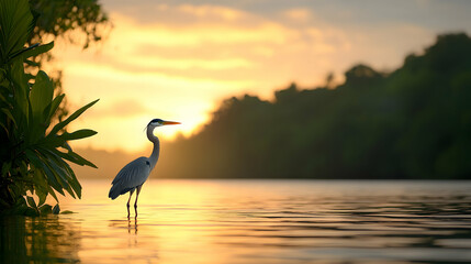 Heron at sunrise on a calm river