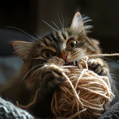 Closeup portrait of a curious and playful kitten entangled in a ball of yarn, showcasing its fluffy fur, bright eyes, and adorable expression.