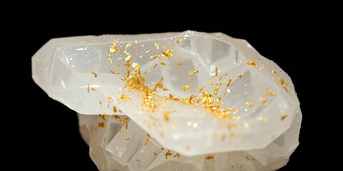 Shimmering stardust gold particles embedded in a clear crystal clear quartz cluster, crystalline structure, quartz crystal