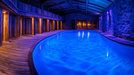 Illuminated indoor pool at night in a wooden structure. Potential use for tourism promotion or luxury resort advertisement