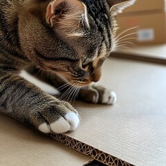 Closeup portrait of a cute fluffy tabby domestic cat sleeping comfortably and resting peacefully on the soft carpet floor in a cozy indoor home setting.