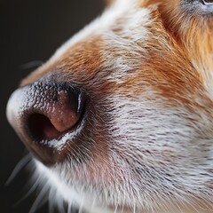 Closeup portrait of a cute and fluffy domestic dog's snout, nose, whiskers, and facial details against a dark studio background.